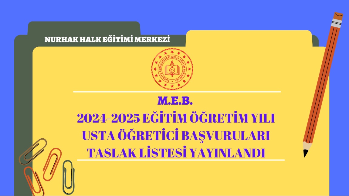 2024-2025 Eğitim Öğretim Yılı Usta Öğretici Başvuru Taslak Listeleri Ekte sunulmuştur. 